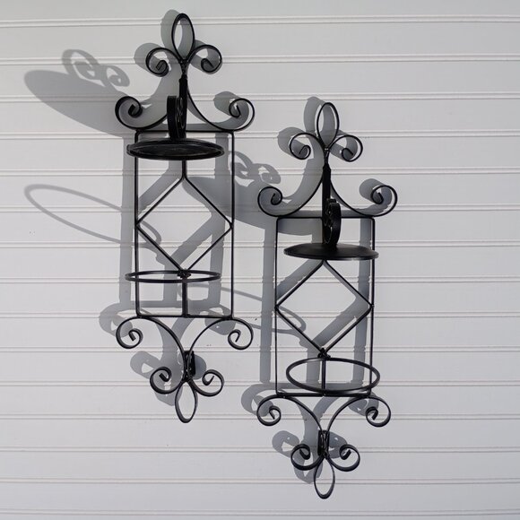 Black Wrought Iron Scroll Metal Wall Sconce Pair Pillar Candle Holders Sconces - Picture 11 of 11